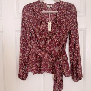 NWT Max Studio Women’s Floral Ruffle Faux Wrap Blouse Shirt Top Size Small